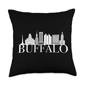 US United States City Skylines Silhouette Outline Buffalo New York USA City Skyline Silhouette Outline Sketch Throw Pillow, 18x18, Multicolor