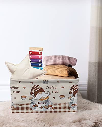 Coffee Time Storage Bins 2 Pack, Large Waterproof Storage Baskets for Shelves Closet, Gnomes Coffee Beans Brown Plaid Burlap Storage Basket Foldable Storage Box Cube Storage Organizer with Handles