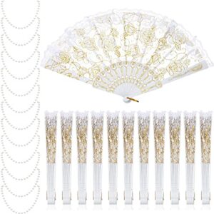 24 pcs floral handheld fan and faux pearl necklaces for wedding, lace folding hand fan foldable chinese fan white bead necklace strand necklace for bridal tea party decorations birthday dancing