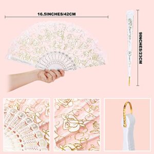 24 Pcs Floral Handheld Fan and Faux Pearl Necklaces for Wedding, Lace Folding Hand Fan Foldable Chinese Fan White Bead Necklace Strand Necklace for Bridal Tea Party Decorations Birthday Dancing