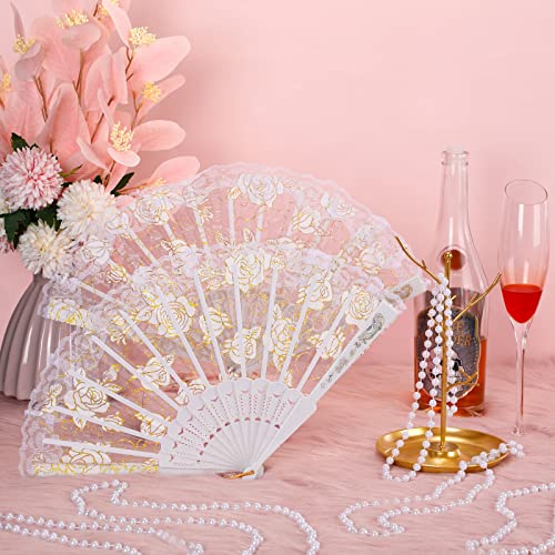 24 Pcs Floral Handheld Fan and Faux Pearl Necklaces for Wedding, Lace Folding Hand Fan Foldable Chinese Fan White Bead Necklace Strand Necklace for Bridal Tea Party Decorations Birthday Dancing