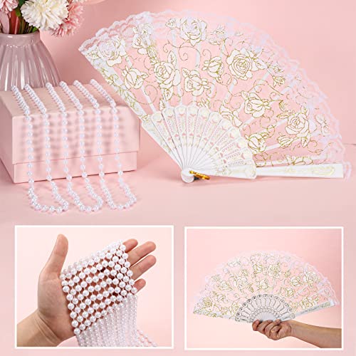 24 Pcs Floral Handheld Fan and Faux Pearl Necklaces for Wedding, Lace Folding Hand Fan Foldable Chinese Fan White Bead Necklace Strand Necklace for Bridal Tea Party Decorations Birthday Dancing