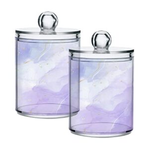 xigua 2 pack marble texture purple apothecary jars with lid, qtip holder storage containers for cotton ball, swabs, pads, clear plastic canisters for bathroom vanity organization (10 oz)