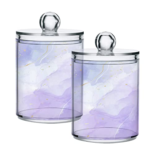 xigua 2 Pack Marble Texture Purple Apothecary Jars with Lid, Qtip Holder Storage Containers for Cotton Ball, Swabs, Pads, Clear Plastic Canisters for Bathroom Vanity Organization (10 Oz)