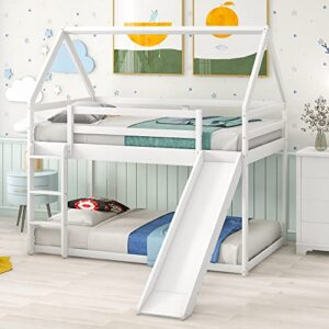 twin size bunk house bed with convertible slide and ladder,twin over twin wooden bed frame with guardrails for kids teens girls boys,white