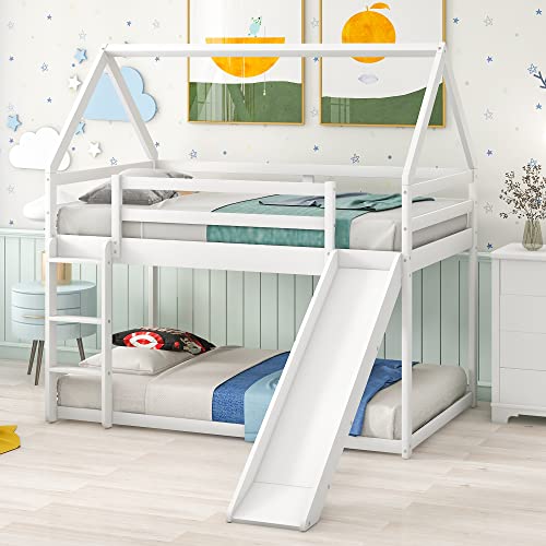 Twin Size Bunk House Bed with Convertible Slide and Ladder,Twin Over Twin Wooden Bed Frame with Guardrails for Kids Teens Girls Boys,White