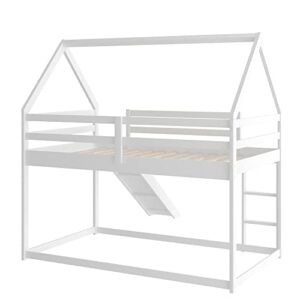 Twin Size Bunk House Bed with Convertible Slide and Ladder,Twin Over Twin Wooden Bed Frame with Guardrails for Kids Teens Girls Boys,White