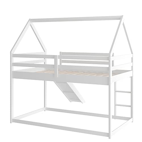 Twin Size Bunk House Bed with Convertible Slide and Ladder,Twin Over Twin Wooden Bed Frame with Guardrails for Kids Teens Girls Boys,White