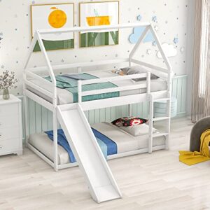 Twin Size Bunk House Bed with Convertible Slide and Ladder,Twin Over Twin Wooden Bed Frame with Guardrails for Kids Teens Girls Boys,White