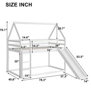 Twin Size Bunk House Bed with Convertible Slide and Ladder,Twin Over Twin Wooden Bed Frame with Guardrails for Kids Teens Girls Boys,White