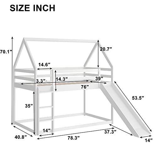 Twin Size Bunk House Bed with Convertible Slide and Ladder,Twin Over Twin Wooden Bed Frame with Guardrails for Kids Teens Girls Boys,White