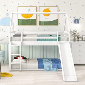 Twin Size Bunk House Bed with Convertible Slide and Ladder,Twin Over Twin Wooden Bed Frame with Guardrails for Kids Teens Girls Boys,White