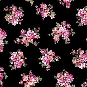 texco inc poly spandex small flowers pattern prints in dty double-sided brushed fabric/4-way stretch floral design, black guava green 1 yard