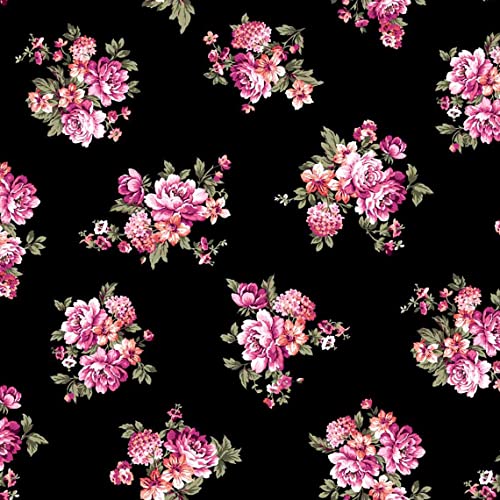 Texco Inc Poly Spandex Small Flowers Pattern Prints in DTY Double-Sided Brushed Fabric/4-Way Stretch Floral Design, Black Guava Green 1 Yard