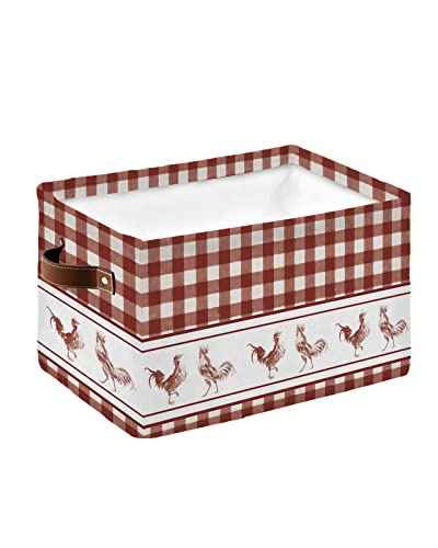 Farmhouse Rooster Storage Bins 1 Pack, Large Waterproof Storage Baskets for Shelves Closet, Rustic Farm Animals Red White Plaid Storage Basket Foldable Storage Box Cube Storage Organizer with Handles