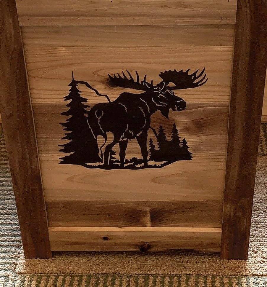 New Rustic Moose Wood Kitchen Trash Bin Garbage Can 33 Gal Cabin Western Decor New Commerial Grade Heavy Duty Swing in lid Upgraded Lid Wonderful