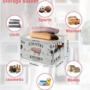 Farmhouse Animals Storage Bins 1 Pack, Large Waterproof Storage Baskets for Shelves Closet, Farm Cow Pig Oil Painting Storage Basket Foldable Storage Box Cube Storage Organizer with Handles