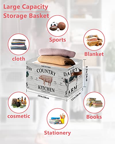 Farmhouse Animals Storage Bins 1 Pack, Large Waterproof Storage Baskets for Shelves Closet, Farm Cow Pig Oil Painting Storage Basket Foldable Storage Box Cube Storage Organizer with Handles