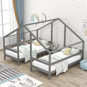double twin size platform beds with built-in table,wood house twin beds frames with canopy triangular roof for kids teens adults,wood slats support/no box spring needed,gray
