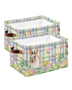 spring easter storage bins 2 pack, waterproof storage baskets for shelves closet, colorful checkered bunny easter eggs flowers storage basket foldable storage box cube storage organizer with handles