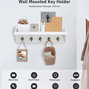 buways Key Holder for Wall-Farmhouse Key and Mail Holder for Wall with 5 Rustic Key Hooks,Wall Key Holder Rack with Shelf Décor for House Entryway（White