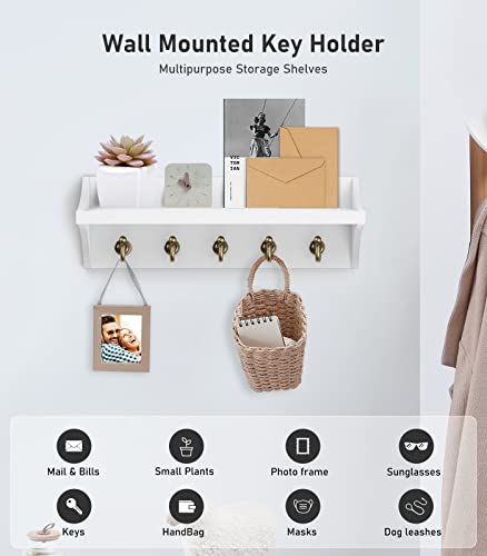 buways Key Holder for Wall-Farmhouse Key and Mail Holder for Wall with 5 Rustic Key Hooks,Wall Key Holder Rack with Shelf Décor for House Entryway（White