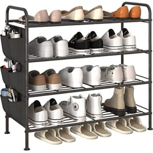 sorcedas shoe rack 4 tier black wide metal storage organizer shelf with removable side pockets for closet, entryway,garage, bedroom, cloakroom (black, 4 tier)