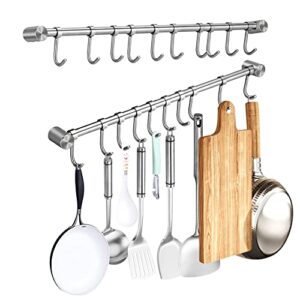 wstechco 2 pcs 22 inch hanger rods hanging bars with 10 hooks, for kitchen utensils pots and pans, towel hanging rails, staineless steel 304, for hang up coat bag umbrella hat keys scarf