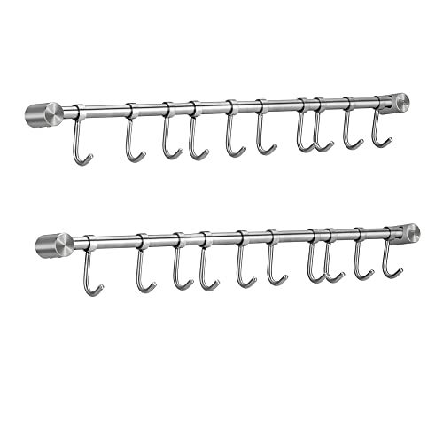 WSTECHCO 2 pcs 22 Inch Hanger Rods Hanging Bars With 10 Hooks, for Kitchen Utensils Pots and Pans, Towel Hanging Rails, Staineless Steel 304, For Hang Up Coat Bag Umbrella Hat Keys Scarf