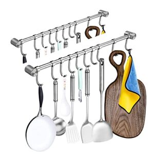 WSTECHCO 2 pcs 22 Inch Hanger Rods Hanging Bars With 10 Hooks, for Kitchen Utensils Pots and Pans, Towel Hanging Rails, Staineless Steel 304, For Hang Up Coat Bag Umbrella Hat Keys Scarf