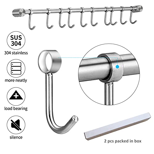 WSTECHCO 2 pcs 22 Inch Hanger Rods Hanging Bars With 10 Hooks, for Kitchen Utensils Pots and Pans, Towel Hanging Rails, Staineless Steel 304, For Hang Up Coat Bag Umbrella Hat Keys Scarf