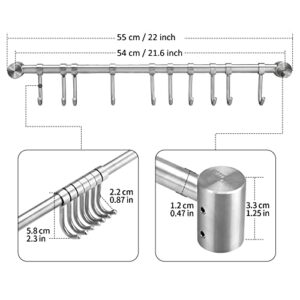 WSTECHCO 2 pcs 22 Inch Hanger Rods Hanging Bars With 10 Hooks, for Kitchen Utensils Pots and Pans, Towel Hanging Rails, Staineless Steel 304, For Hang Up Coat Bag Umbrella Hat Keys Scarf