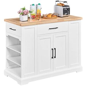 yaheetech rolling kitchen island cart with 3 drawers, kitchen storage cabinet on wheels with open shelves and inner adjustable shelves for dinning room/living room, thicker rubberwood top, white