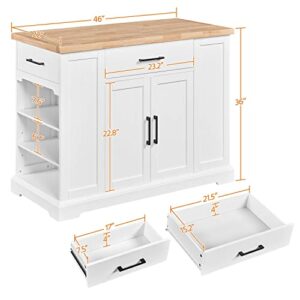 Yaheetech Rolling Kitchen Island Cart with 3 Drawers, Kitchen Storage Cabinet on Wheels with Open Shelves and Inner Adjustable Shelves for Dinning Room/Living Room, Thicker Rubberwood Top, White