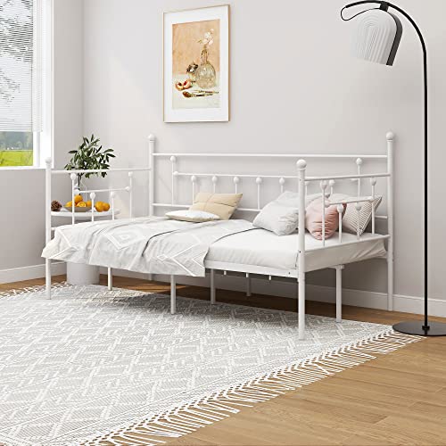 Nightell Metal Twin Daybed Frame with Headboard Multifunctional Platform Bed Sofa for Living Room Guest Room Heavy Steel Slat Support White