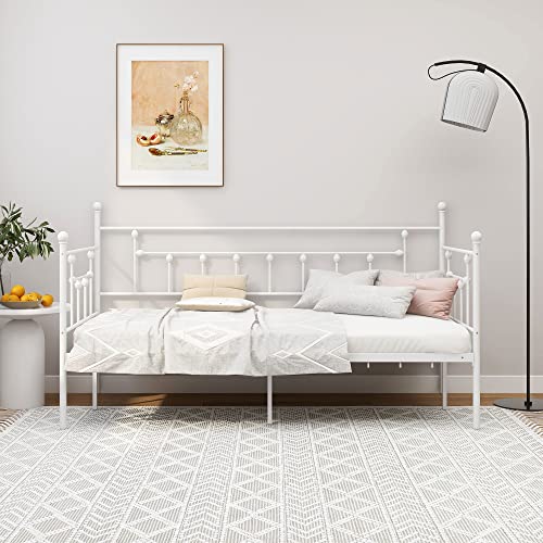 Nightell Metal Twin Daybed Frame with Headboard Multifunctional Platform Bed Sofa for Living Room Guest Room Heavy Steel Slat Support White