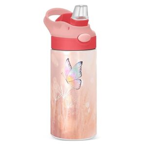 kigai flowers butterfly pink kids water bottle, insulated stainless steel water bottles with straw lid, 12 oz bpa-free leakproof duck mouth thermos for boys girls