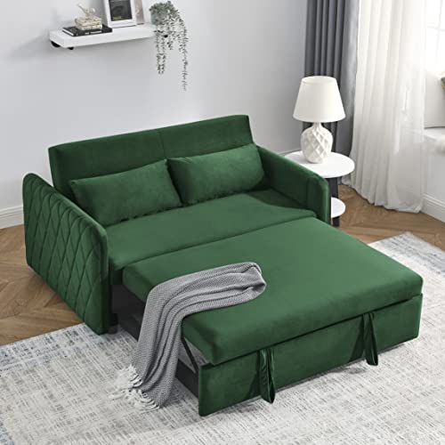 HomSof 2 Pillows and Living Room Adjustable Backrest, Grid Design Armrests 55" Modern Convertible 2 Detachable Arm Pockets, Velvet Loveseat Sofa with Pull Out Bed, Style B, Green