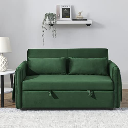 HomSof 2 Pillows and Living Room Adjustable Backrest, Grid Design Armrests 55" Modern Convertible 2 Detachable Arm Pockets, Velvet Loveseat Sofa with Pull Out Bed, Style B, Green