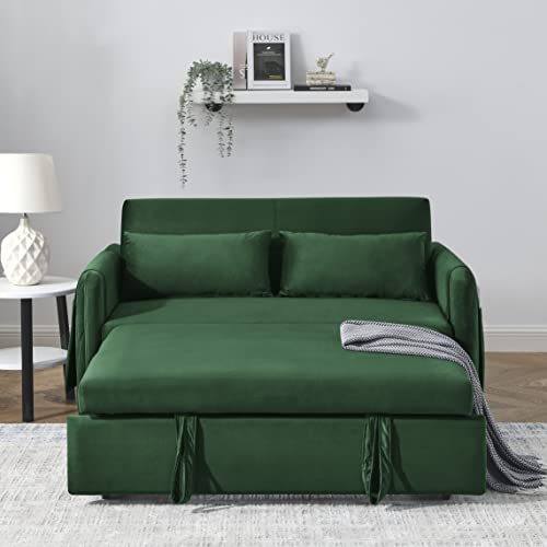 HomSof 2 Pillows and Living Room Adjustable Backrest, Grid Design Armrests 55" Modern Convertible 2 Detachable Arm Pockets, Velvet Loveseat Sofa with Pull Out Bed, Style B, Green
