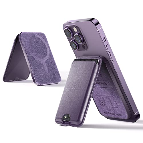 Qilmii Compatible MagSafe Wallet Stand for Apple, Skin Friendly Leather Card Slot with Adjustable Kickstand & Holder, Fit for iPhone 14/13/12 Series (Deep Purple)