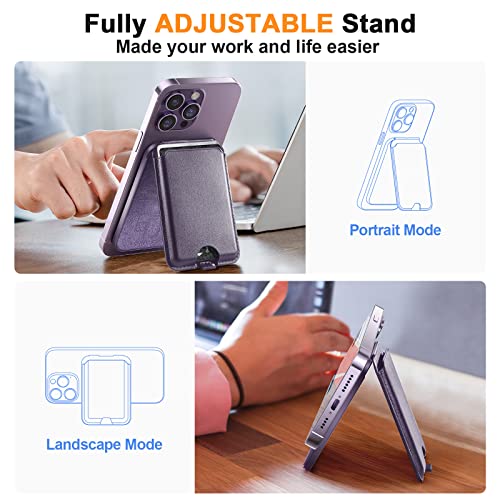 Qilmii Compatible MagSafe Wallet Stand for Apple, Skin Friendly Leather Card Slot with Adjustable Kickstand & Holder, Fit for iPhone 14/13/12 Series (Deep Purple)