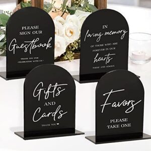 4pcs acrylic wedding signs for ceremony and reception, 5x7 inch wedding gift table sign, guest book sign, cards and gifts sign, in loving memory sign, favors please take one, wedding entrance signs with holder (modern black acrylic)