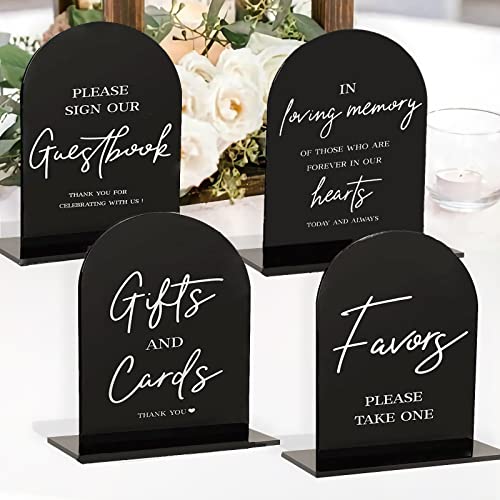 4pcs Acrylic Wedding Signs for Ceremony and Reception, 5x7 Inch Wedding Gift Table Sign, Guest Book Sign, Cards and Gifts Sign, In loving Memory Sign, Favors Please Take One, Wedding Entrance Signs with Holder (Modern Black Acrylic)