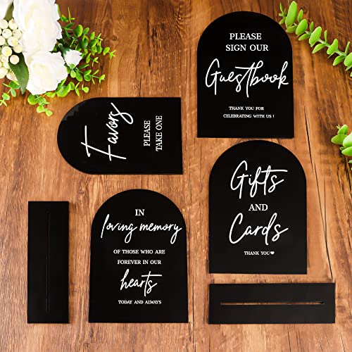 4pcs Acrylic Wedding Signs for Ceremony and Reception, 5x7 Inch Wedding Gift Table Sign, Guest Book Sign, Cards and Gifts Sign, In loving Memory Sign, Favors Please Take One, Wedding Entrance Signs with Holder (Modern Black Acrylic)