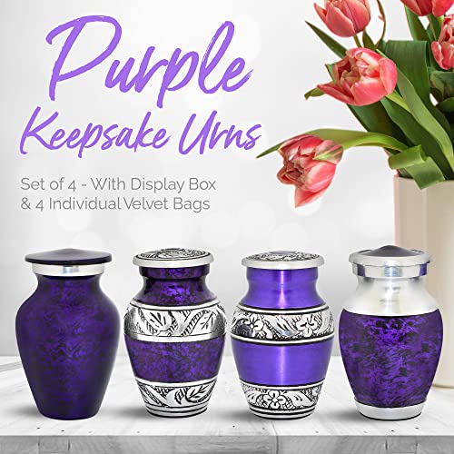 Mini Urns for Human Ashes - Cremation Urns Set of 4 with Box & Bags - Purple Urns for Women - Handcrafted Small Urns - Handcrafted Mini Memorial Ashes Urns Set - Small Funeral Urns for Your Loved One