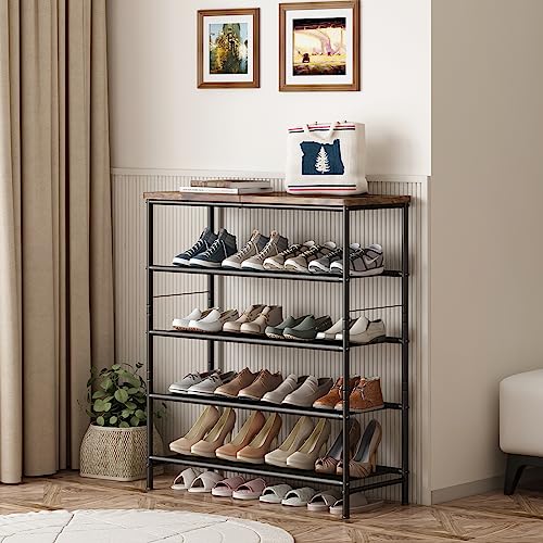 INGIORDAR Shoe Rack Organizer 5 Tier Metal Organizer Shelf with Industrial MDF Board and Layer Fabric for Entryway Closet Bedroom Living Room Garage,Black & Rustic Brown