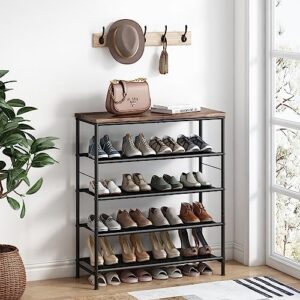 INGIORDAR Shoe Rack Organizer 5 Tier Metal Organizer Shelf with Industrial MDF Board and Layer Fabric for Entryway Closet Bedroom Living Room Garage,Black & Rustic Brown