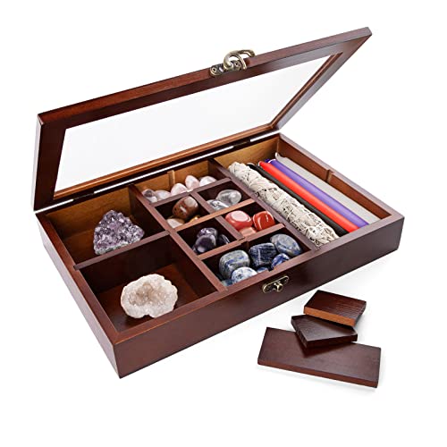 Mooncraftlogy Adjustable Rock Display Case, Rock Collection Box with Shelves, Pine Wood Crystal Organizer for Stones Storage,Gem Holder with Lid for Seashell, Jewelry, Collectibles (Brown)