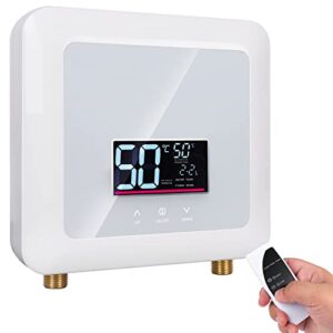 tankless instant hot water heater with remote control, electric, 5500w, 110v,constant temperature, digital display for rv home kitchen indoor(white)（can't use socket）